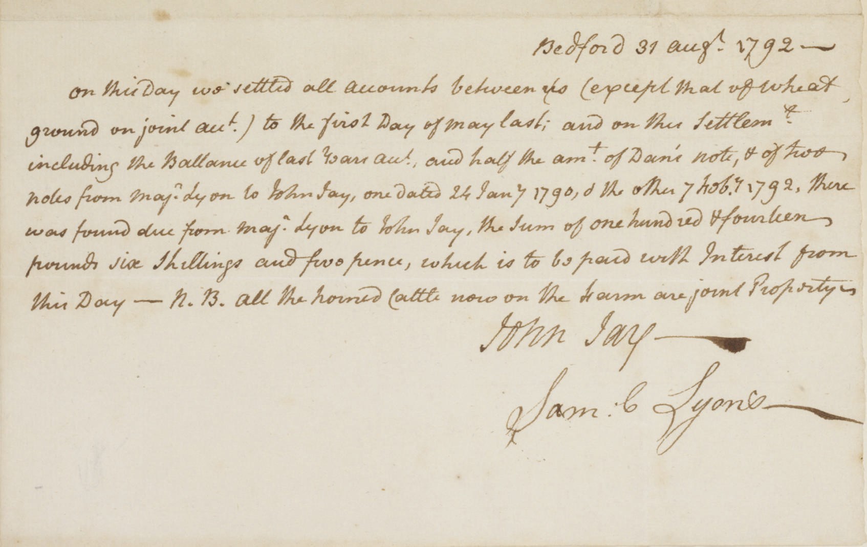 JAY, John (1745-1829), First Chief Justice of the Supreme Court. Autograph document signed ("John Jay"), as Chief Justice, and signed twice more in the text ("John Jay") Bedford, [N.Y.] 31 August 1792. 1 page, 4to, matted and framed.