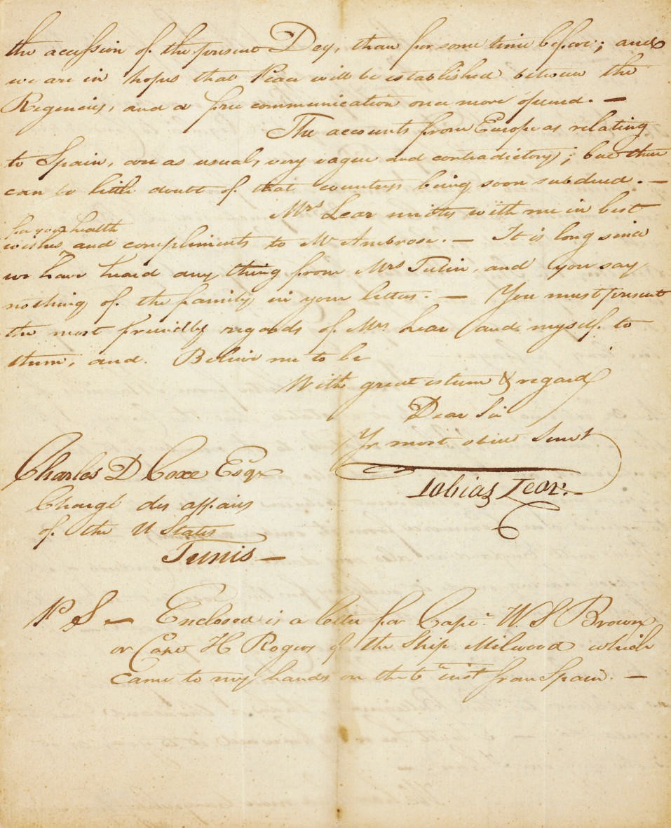 LEAR, Tobias (1762-1816), Washington's secretary, Diplomat. Letter signed ("Tobias Lear"), to Charles D. Coxe, Algiers, 11 february 1810. 4 pages, quarto.