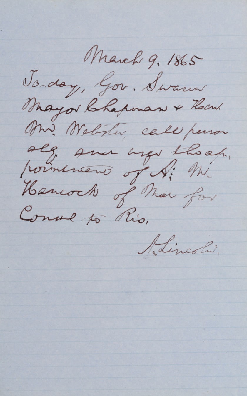 LINCOLN, Abraham. Autograph letter signed ("A. Lincoln"), as President, [to William H. Seward], 9 March 1865.  1 page, 8vo, on blue ruled paper.
