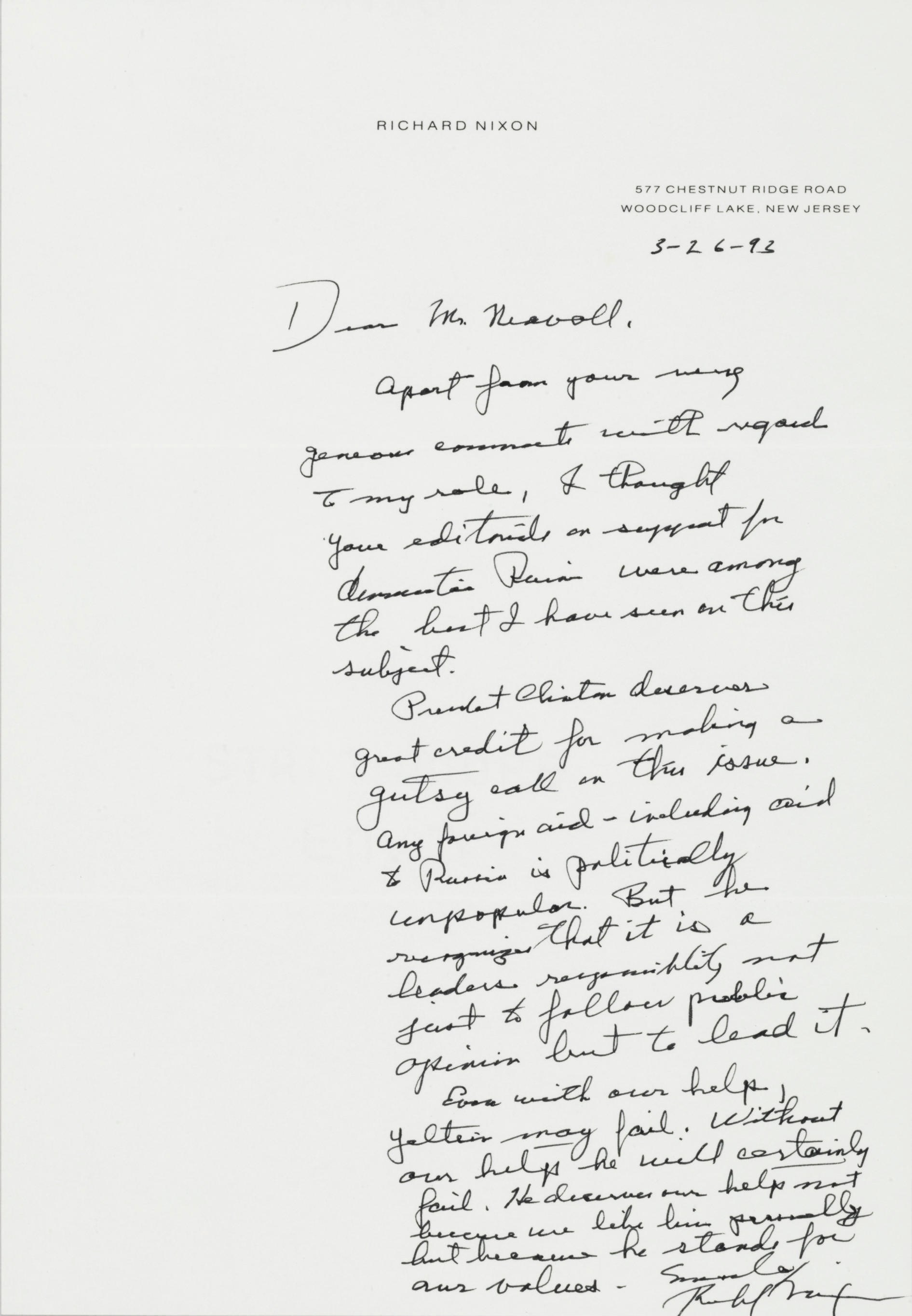 NIXON, Richard M. (1913-1994), President. Autograph letter signed ("Richard Nixon"), as former president, to George Neavoll, Woodcliff Lake, N.J., 26 March 1993. 1 page, 4to, personal stationery, with original envelope.