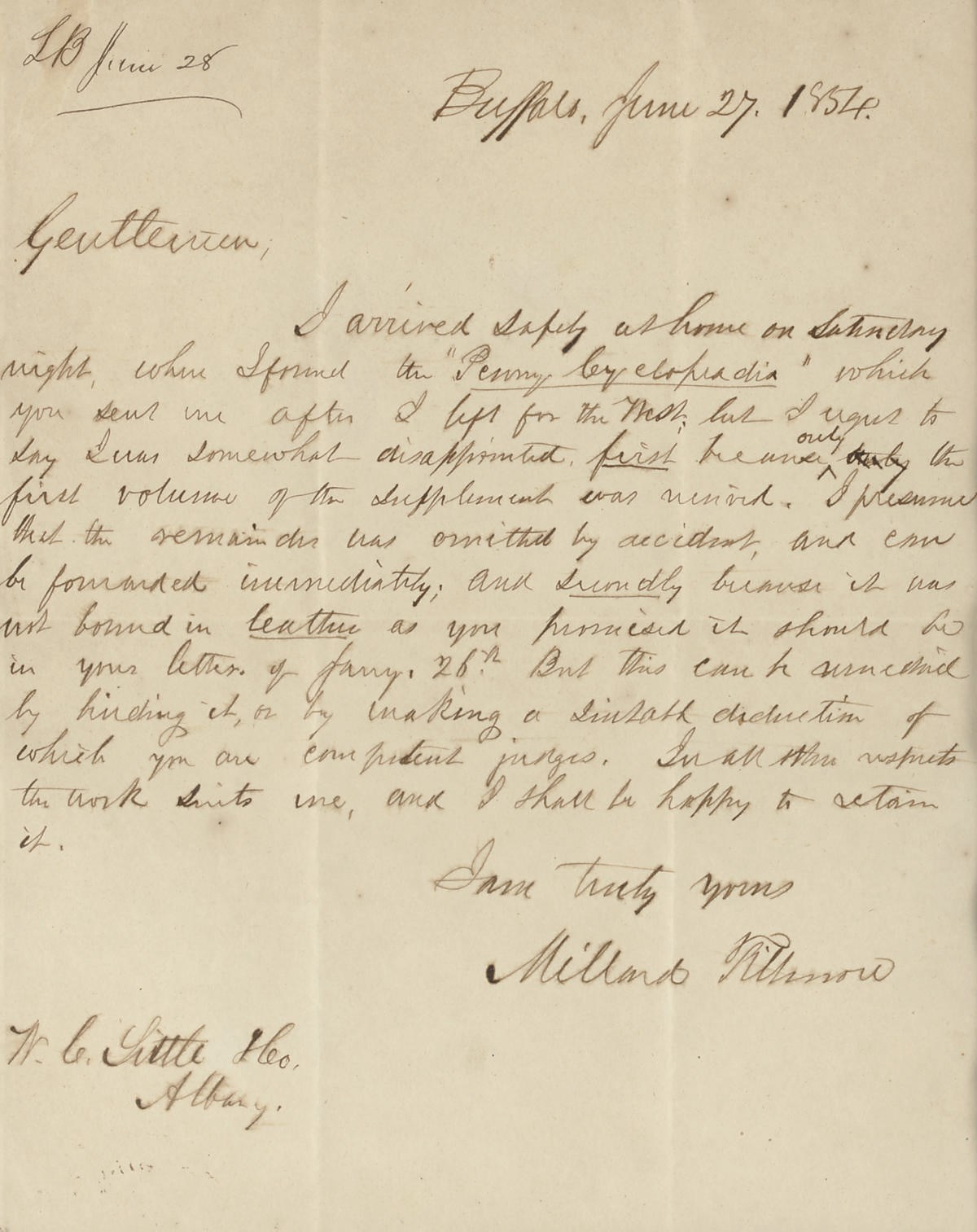 [PRESIDENTS]. HOOVER, Herbert. Typed letter signed ("Herbert Hoover"), as President, to Earle D. Kinsley, Washington, 5 March 1930. 1 page, 4to, on White House stationery, matted and framed with a photo of Hoover. A letter of thanks to a well-wisher: "I have been particularly gratified to receive your cordial message from Miami regarding the Administration's first year..." -- FILLMORE, Millard. Autograph letter signed ("Millard Fillmore"), as former President, to W. C. Little & Co., Buffalo, 27 June 1854. A FINE SAMPLE OF FILLMORE'S HAND, as he complains to a bookseller about receiving his copy of the Penny Cyclopedia without the supplement, and without the volume being bound in leather as promised. -- JOHNSON, Andrew. Document signed ("Andrew Johnson"), as President, Washington, 2 November 1868. 1 page, 4to, matted and framed with an engraved portrait of Johnson. An order to affix the Seal to the President's letter to the Provisional President of Bolivia. Together three items.	 (3)