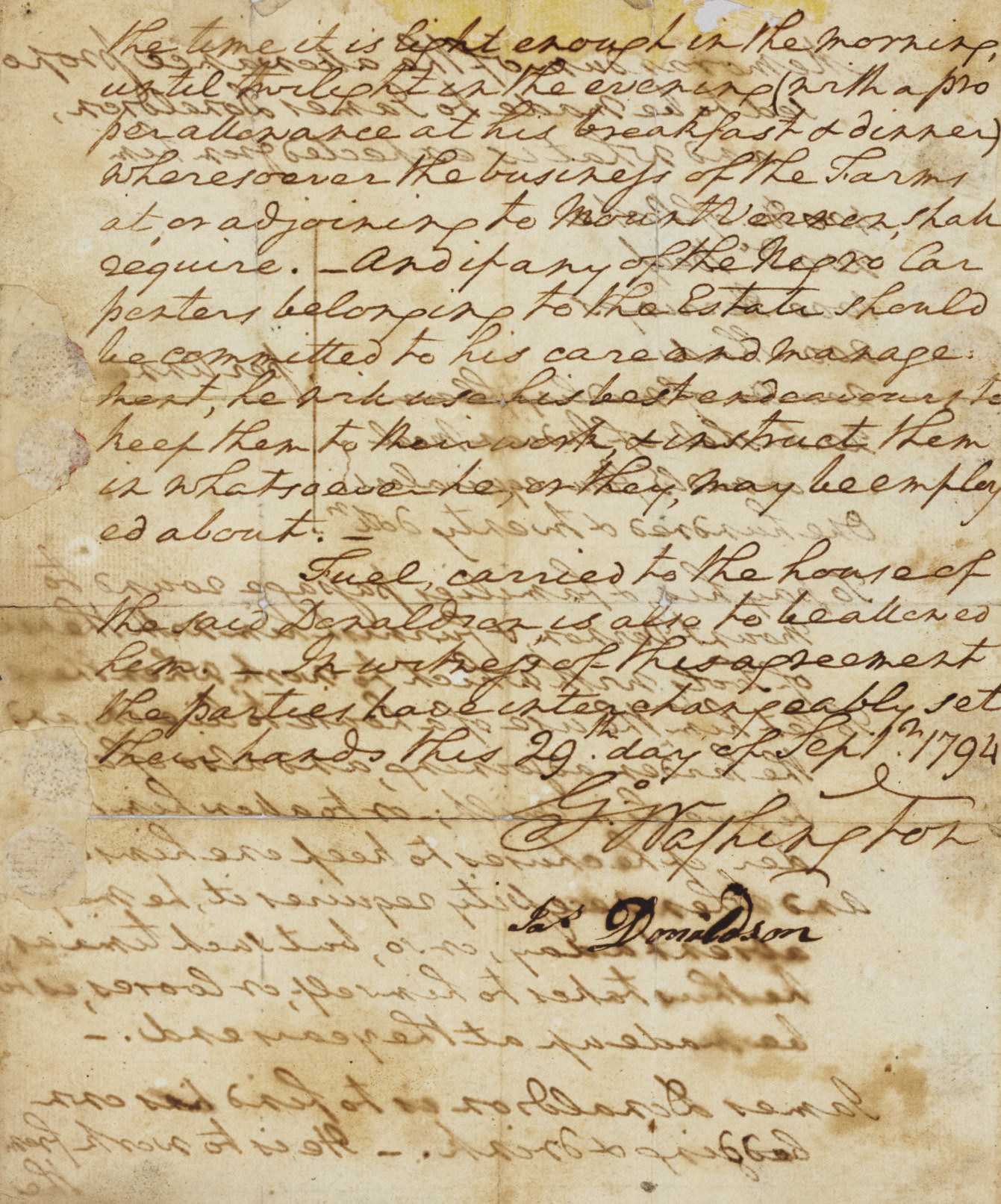WASHINGTON, George (1732-1799). Autograph document signed ("Go: Washington"), AS PRESIDENT 29 September 1794. 2 pages, 4to, stain and small paper loss at top edge, repairs to edges catching one word, separation at creases (repairable), show-through. Counter-signed by James Donaldson.
