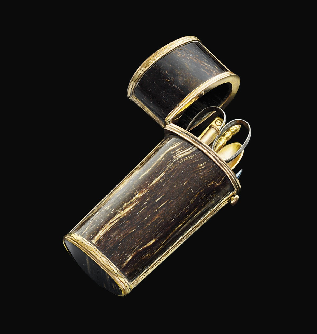 ETUI NECESSAIRE D'ARCHITECTE OU DE GEOMETRE ALLEMAND EN BOIS PETRIFIE MONTE EN OR