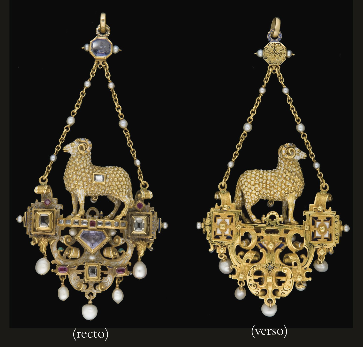 MEDAILLON EN OR, EMAIL, PERLES ET PIERRES PRECIEUSES