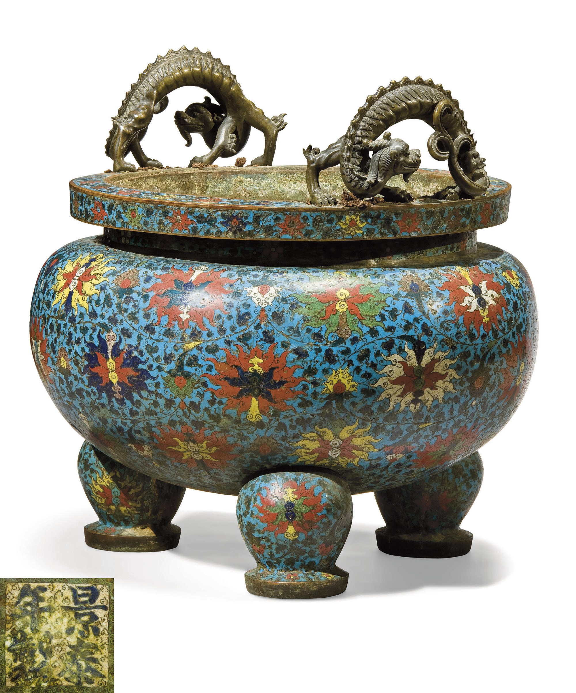 GRAND BRULE-PARFUM TRIPODE EN BRONZE ET EMAUX CLOISONNES
