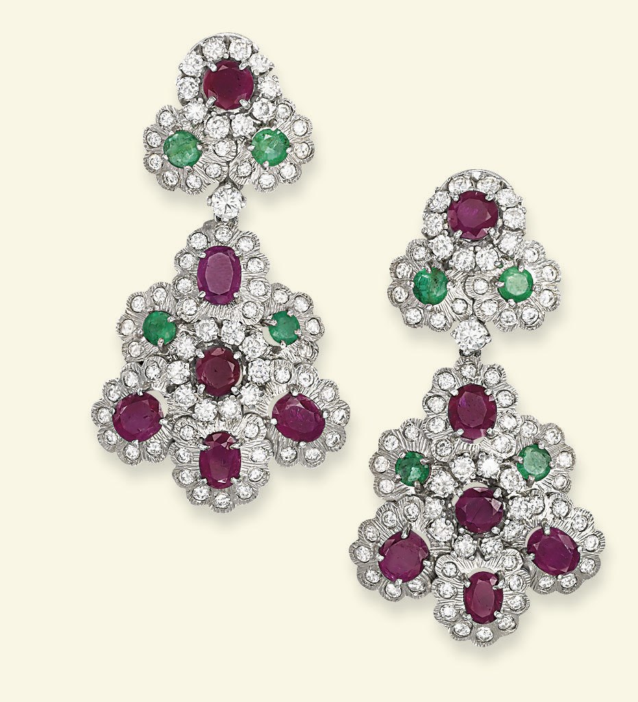A PAIR OF RUBY, EMERALD AND DIAMOND EAR PENDANTS, BY SANZ