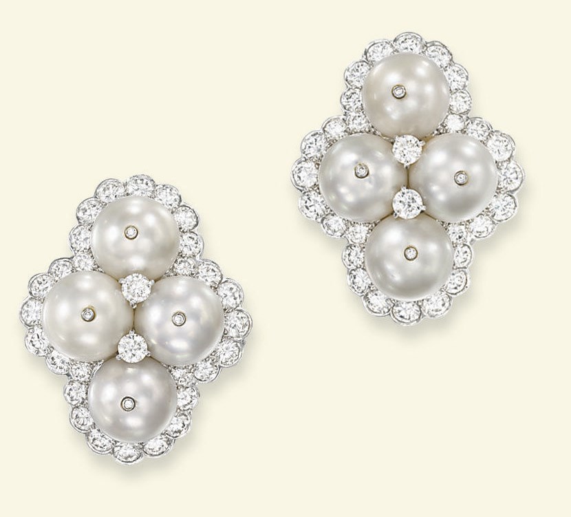 A PAIR OF CULTURED PEARL AND DIAMOND EAR CLIPS, BY VAN CLEEF & ARPELS
