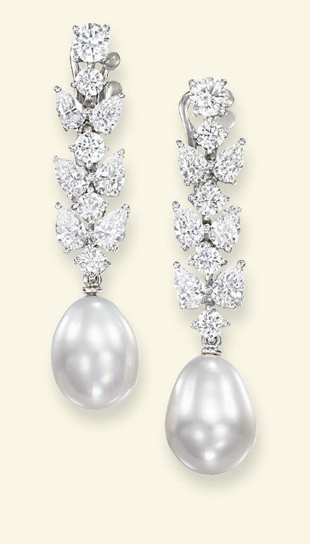 A PAIR OF CULTURED PEARL AND DIAMOND EAR PENDANTS