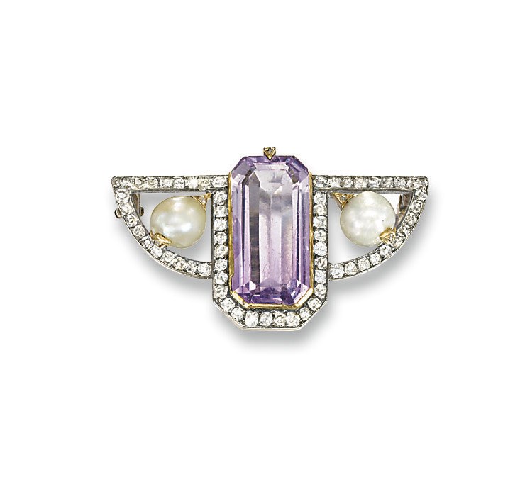 A RUSSIAN AMETHYST, PEARL AND DIAMOND BROOCH, BY FABERGE