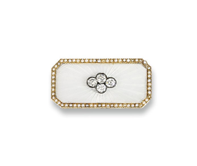 A RUSSIAN ENAMEL SEED PEARL AND DIAMOND BROOCH, BY FABERGE