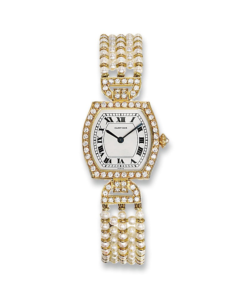 A LADY'S CULTURED PEARL AND DIAMOND WRISTWATCH, BY CARTIER