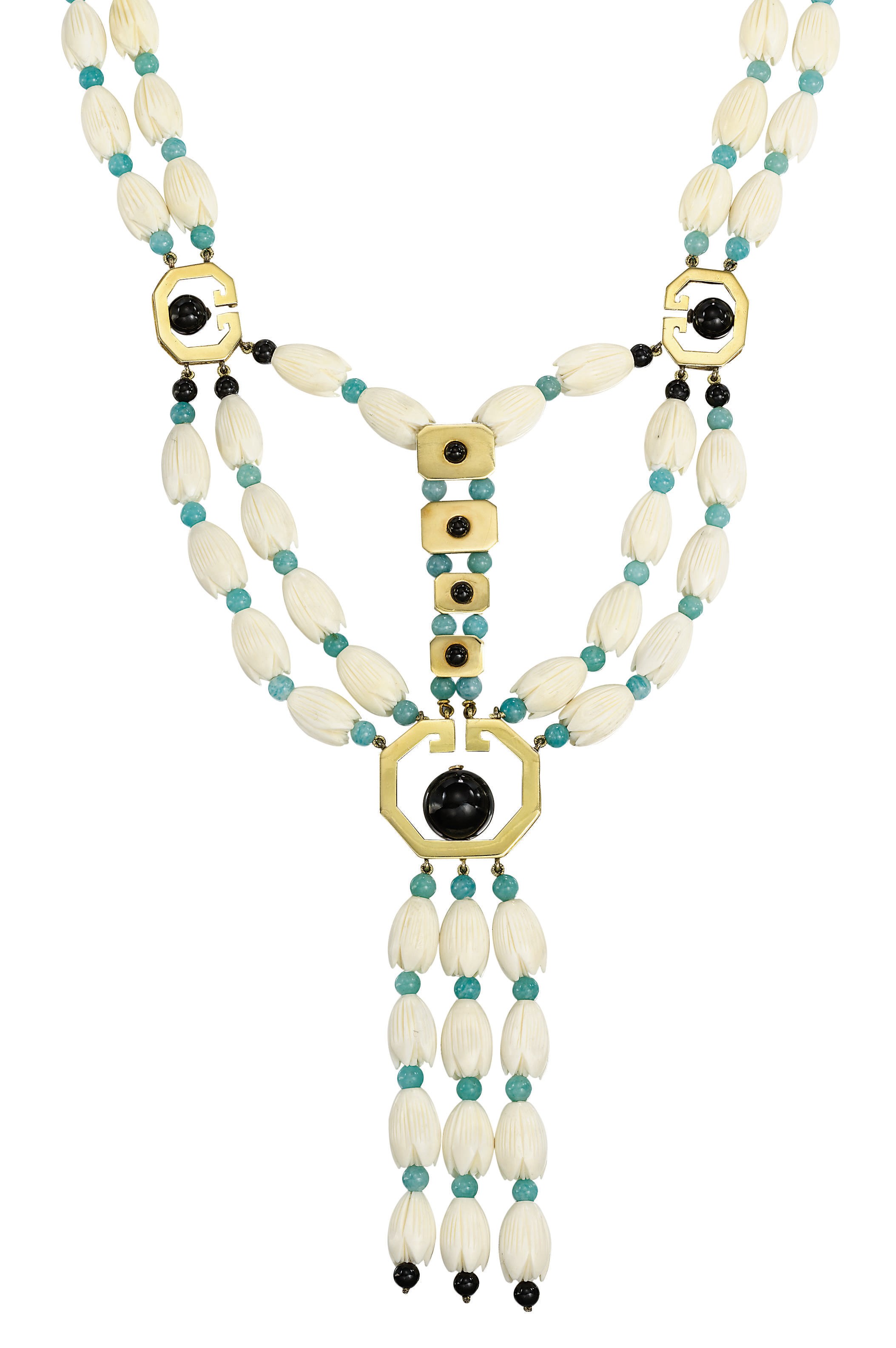 AN IVORY, ONYX AND AMAZONITE BEAD NECKLACE, BY CARTIER