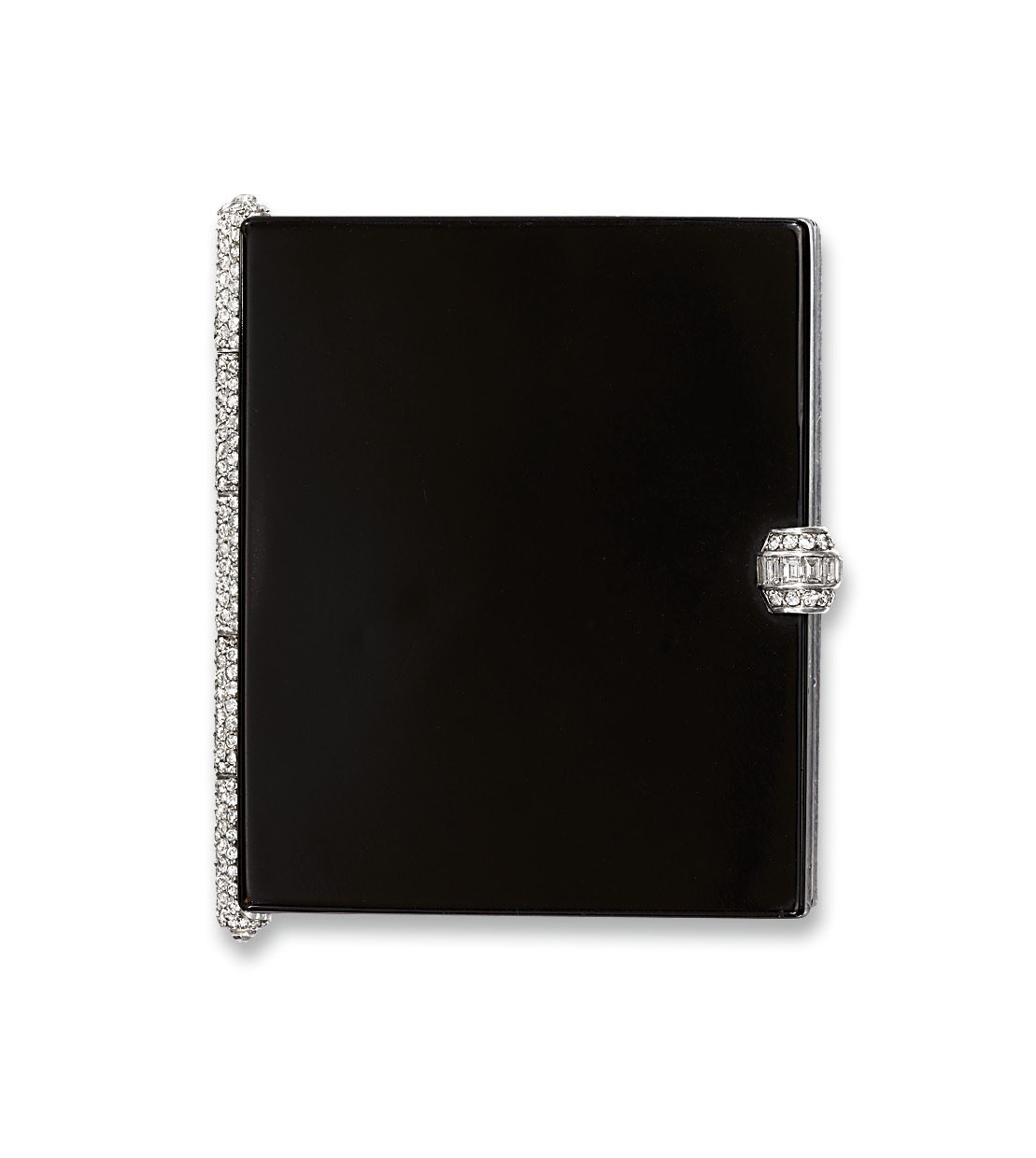 AN ART DECO DIAMOND AND ENAMEL VANITY CASE, BY CARTIER