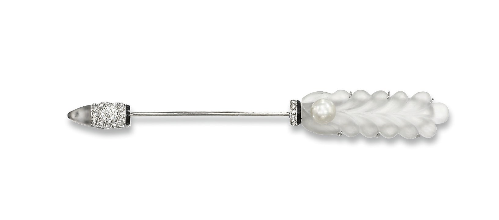 AN ART DECO DIAMOND, ONYX AND ROCK CRYSTAL JABOT PIN, BY CARTIER