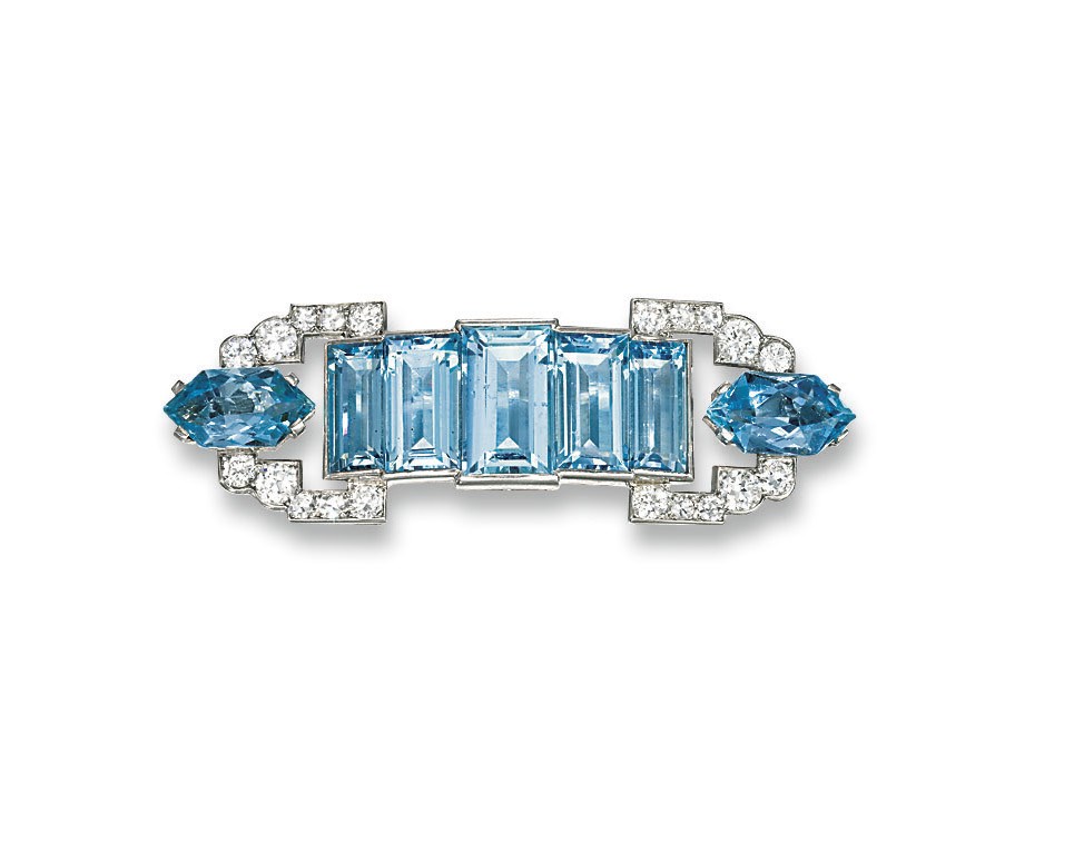 AN AQUAMARINE AND DIAMOND BROOCH, BY CARTIER
