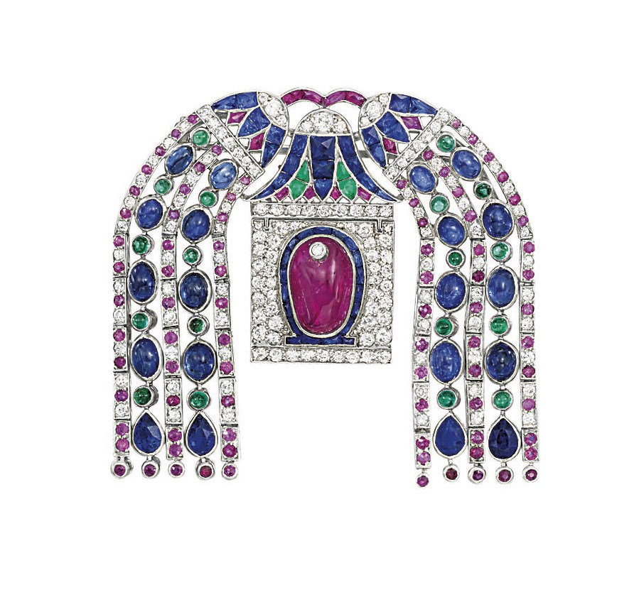 A FINE ART DECO DIAMOND AND GEM-SET BROOCH, BY CARTIER