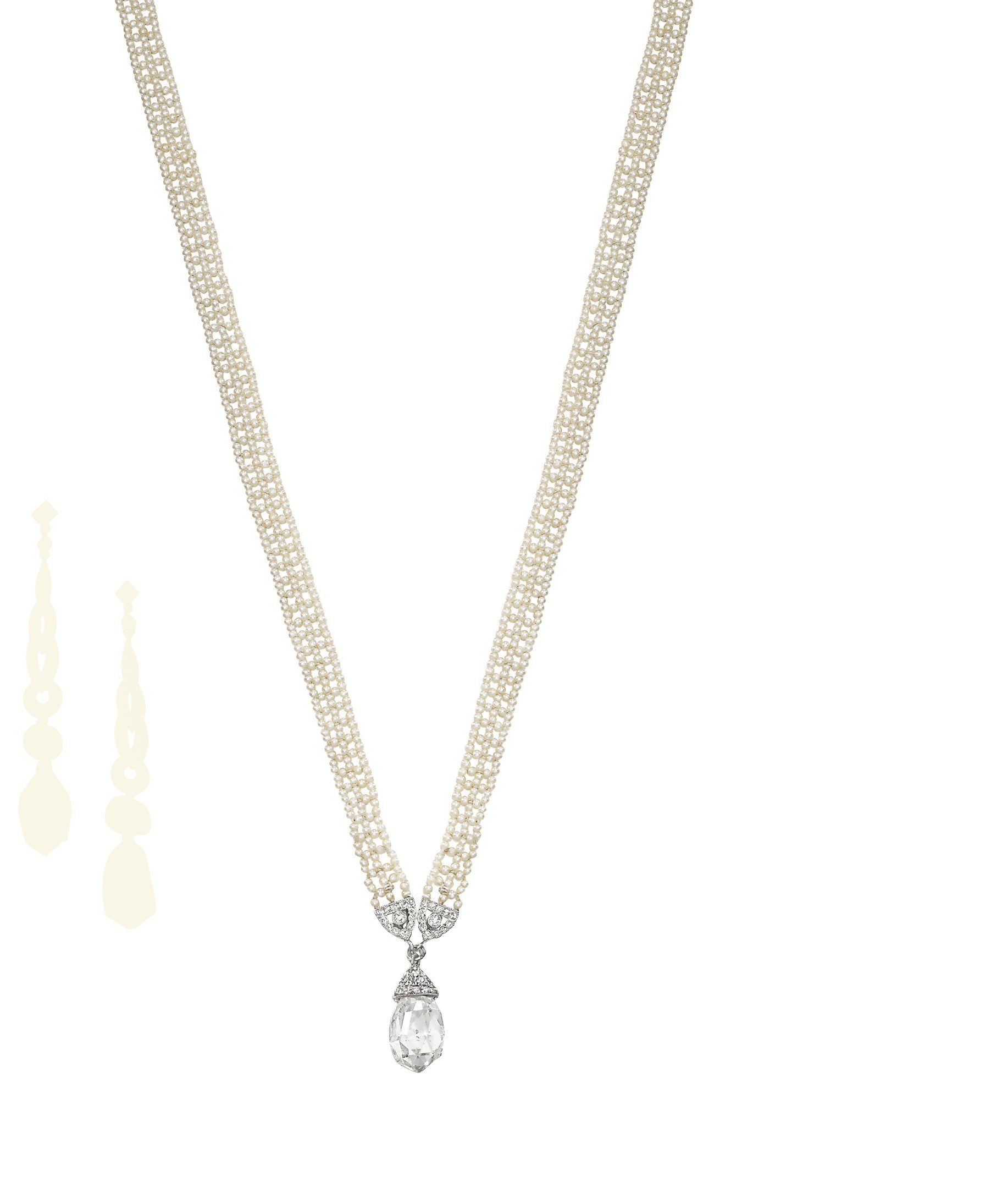 A DIAMOND AND SEED PEARL NECKLACE AND A PAIR OF EAR PENDANTS