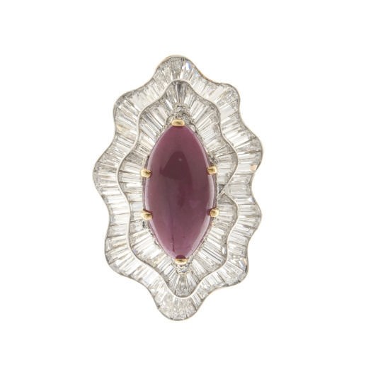 A RUBY, DIAMOND, PLATINUM AND GOLD RING