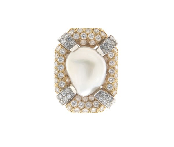 A BAROQUE CULTURED PEARL, DIAMOND, GOLD AND PLATINUM RING, BY DAVID WEBB