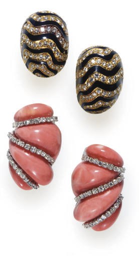 **A GROUP OF DIAMOND, CORAL, ENAMEL AND GOLD JEWELRY