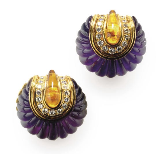 A PAIR OF AMETHYST, CITRINE, AND 18K GOLD EAR CLIPS