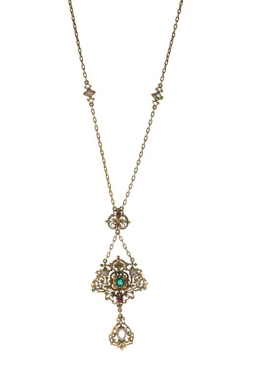 AN ANTIQUE MULTI-GEM, DIAMOND AND GOLD NECKLACE