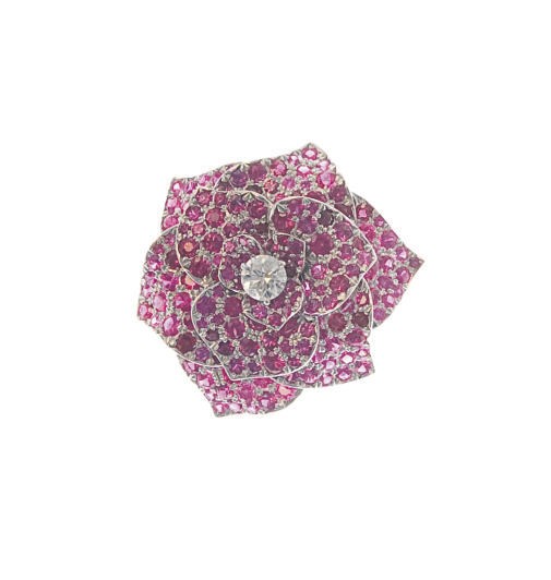 A RUBY, DIAMOND AND 18K WHITE GOLD BROOCH, BY PIAGET