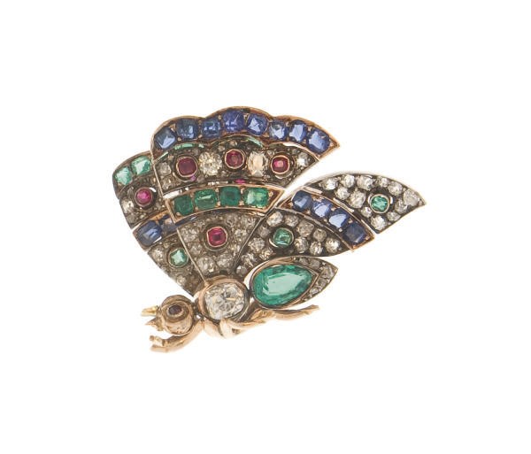 A MULTI-GEM, DIAMOND AND GOLD BUTTERFLY BROOCH