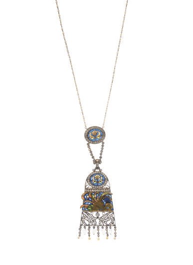 AN ENAMEL, CULTURED PEARL, DIAMOND, WHITE GOLD AND GOLD NECKLACE