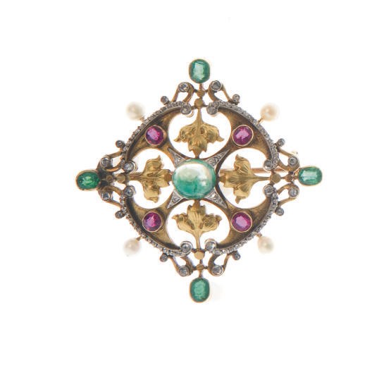 AN ANTIQUE MULTI-GEM, DIAMOND AND GOLD BROOCH