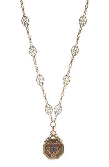 A GOLD, ENAMEL AND SAPPHIRE LOCKET NECKLACE