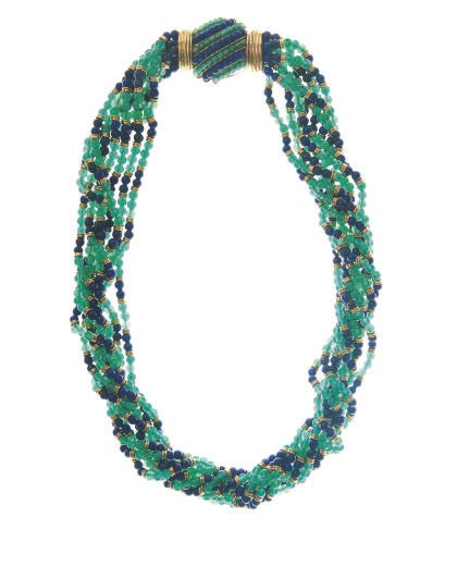 A LAPIS LAZULI, GREEN GLASS AND 18K GOLD BEAD NECKLACE, BY CARTIER