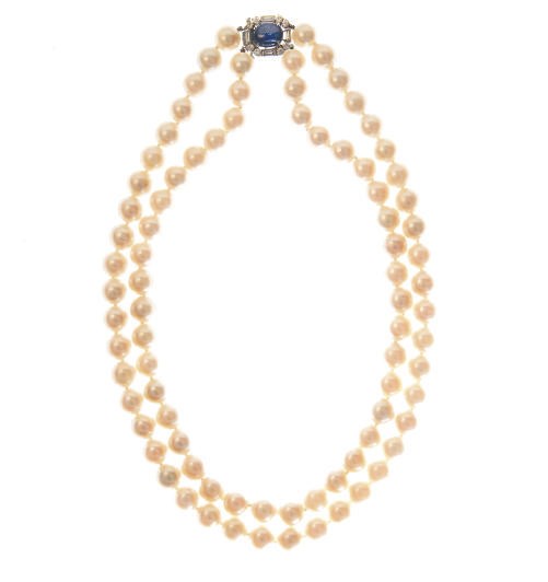 A CULTURED PEARL, SAPPHIRE, DIAMOND AND PLATINUM NECKLACE, BY VAN CLEEF & ARPELS