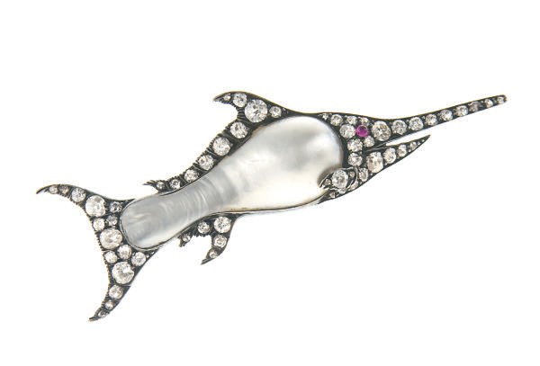 AN ANTIQUE DIAMOND AND PEARL SWORDFISH BROOCH