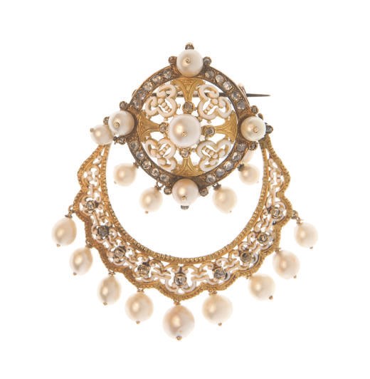 AN ANTIQUE DIAMOND, PEARL AND ENAMEL BROOCH