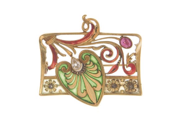 AN ART NOUVEAU ENAMEL AND DIAMOND BROOCH, BY GAUTRAIT