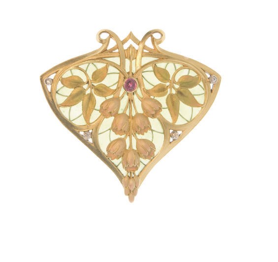 AN ART NOUVEAU 'LILLY OF THE VALLEY' ENAMEL, DIAMOND AND RUBY BROOCH