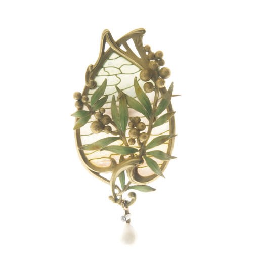 AN ART NOUVEAU ENAMEL AND PEARL BROOCH, BY LOUIS AUCOC