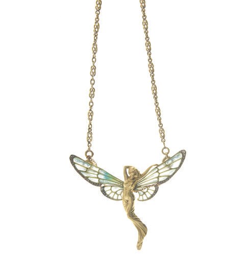 AN ART NOUVEAU ENAMEL AND DIAMOND PENDANT NECKLACE