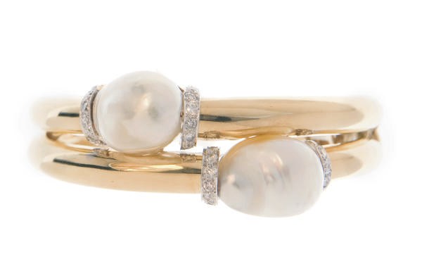 A CULTURED PEARL, DIAMOND, 18K GOLD AND PLATINUM BRACELET, BY DAVID WEBB