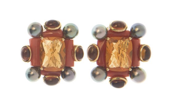 **A PAIR OF MULTI-GEM AND 18K GOLD EAR CLIPS, BY TONY DUQUETTE