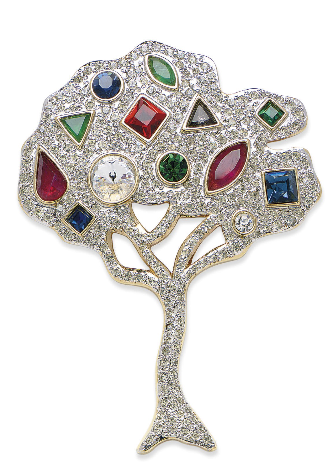 A VALENTINO MULTI-COLOR RHINESTONE AND GILT-METAL 'TREE OF LIFE' BROOCH,