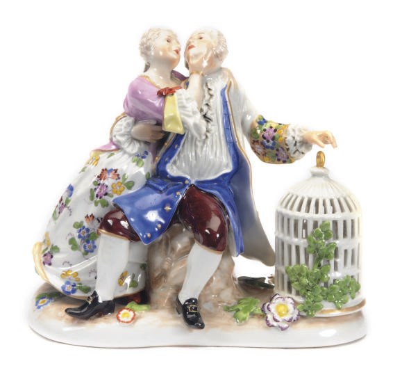 A MEISSEN STYLE FIGURE GROUP OF A GALLANT AND COMPANION,