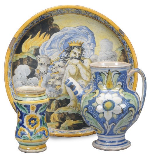 TWO ITALIAN MAIOLICA DRUG JARS AND A BASIN,