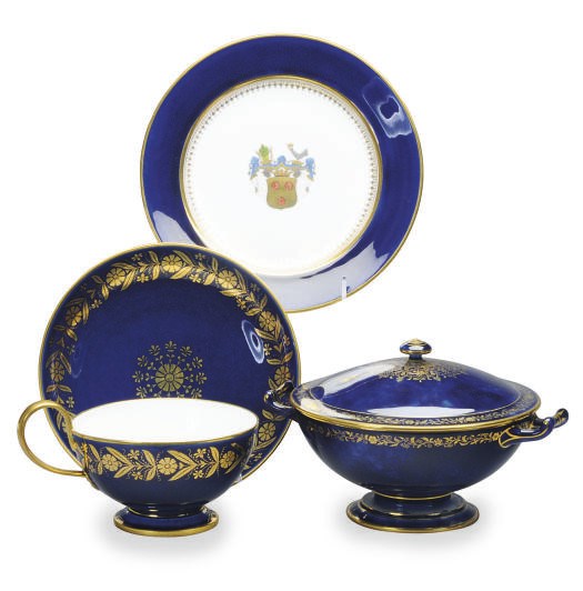 A GROUP OF FRENCH PORCELAIN COBALT GROUND TABLEWARES,