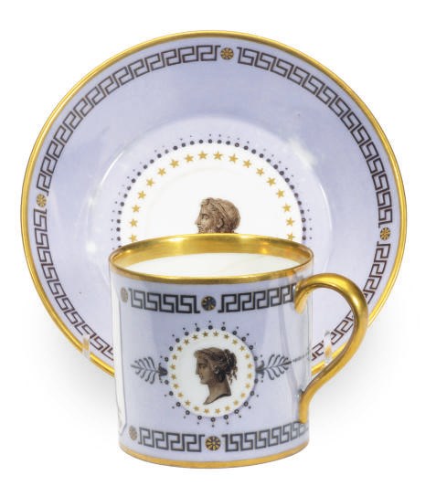 A FRENCH HARD PASTE PORCELAIN LAVENDER GROUND PORTRAIT COFFEE-CAN AND SAUCER,