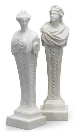 TWO FRENCH BISCUIT BUSTS OF MUSES ON COLUMNAR BASES,