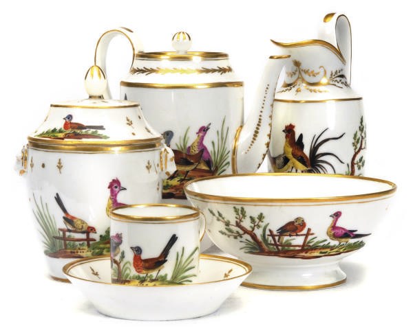 A PARIS PORCELAIN PART TEA AND COFFEE SERVICE PAINTED WITH BARNYARD BIRDS,