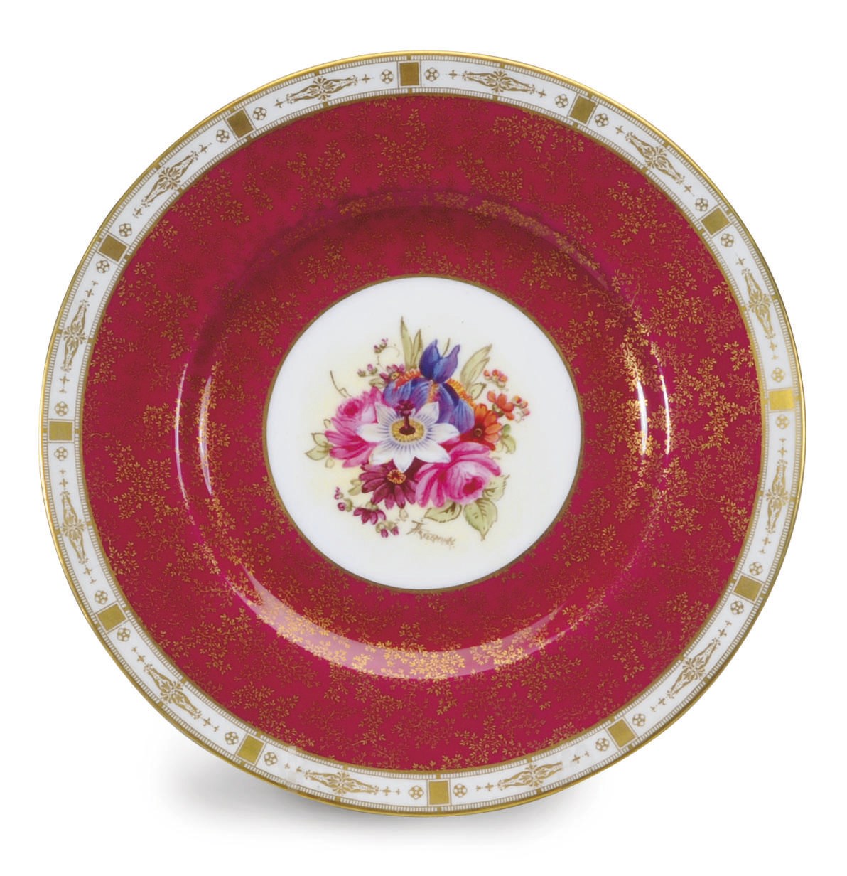 A SET OF TWELVE ENGLISH PORCELAIN CLARET-GROUND PLATES,