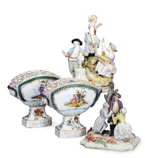 A GERMAN PORCELAIN FIGURE GROUP OF EMBLEMATIC OF SPRING, A FIGURE GROUP OF A COUPLE AND THEIR BENEFACTOR, AND A PAIR OF MEISSEN-STYLE BOUGH POTS,